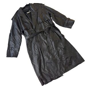 Vintage Deerskin Black Leather Trench Coat XL Belted Long Minimalist 90s Classic